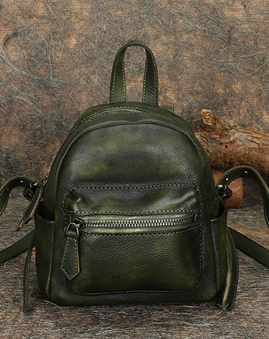 Vintage Green Small Leather Rucksack Womens Mini Leather Backpack Ladies Backpack Purses