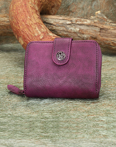 Small Purple Leather Trifold Wallet Vintage Billfold Cute Women Buckle Wallet For Ladies