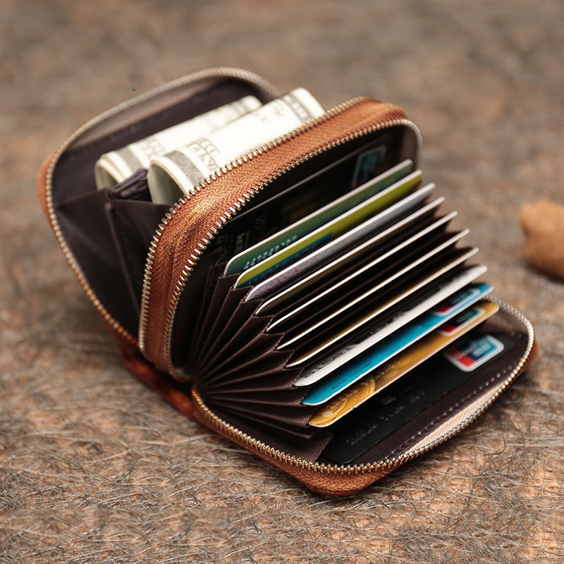 Leather Zipper Card Wallets Brown Cute Small Women Double