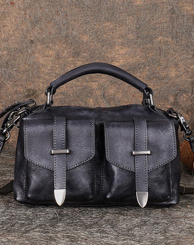 Vintage Black Gray Leather Womens Satchel Shoulder Bags Handbag Crossbody Purse for Ladies