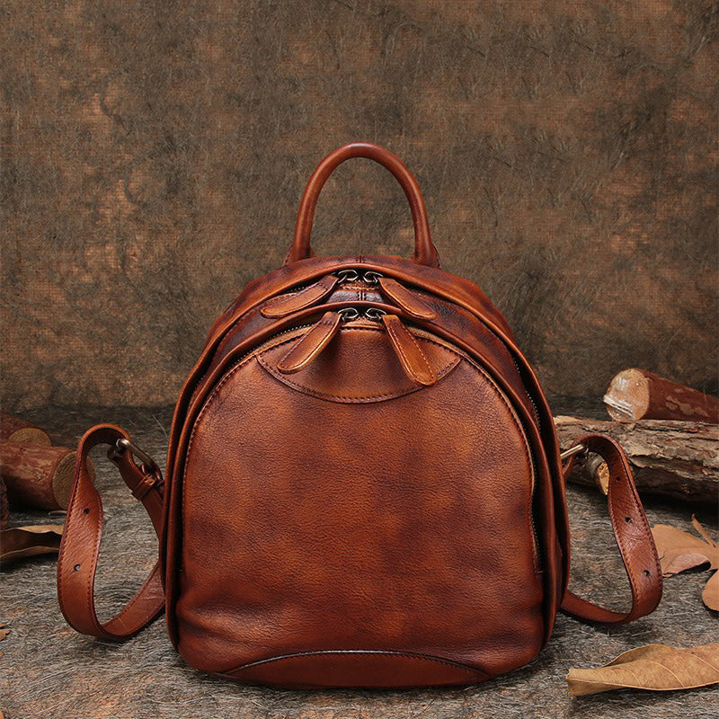 Classic Brown Leather Small Rucksack Bag Womens Compact Leather Backpack Ladies Backpack Purse
