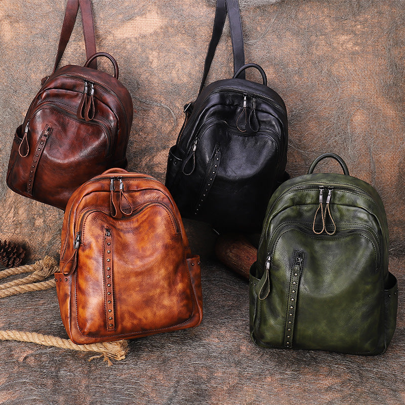 Best Leather Rucksack Bag Womens Vintage School Backpacks With Rivet Leather Backpack Purse