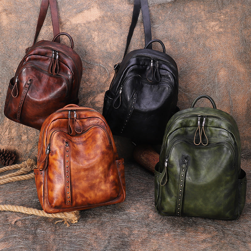 best leather backpack purses Best Leather Rucksack Bag Womens Vintage School Backpacks With Rivet L –  Feltify