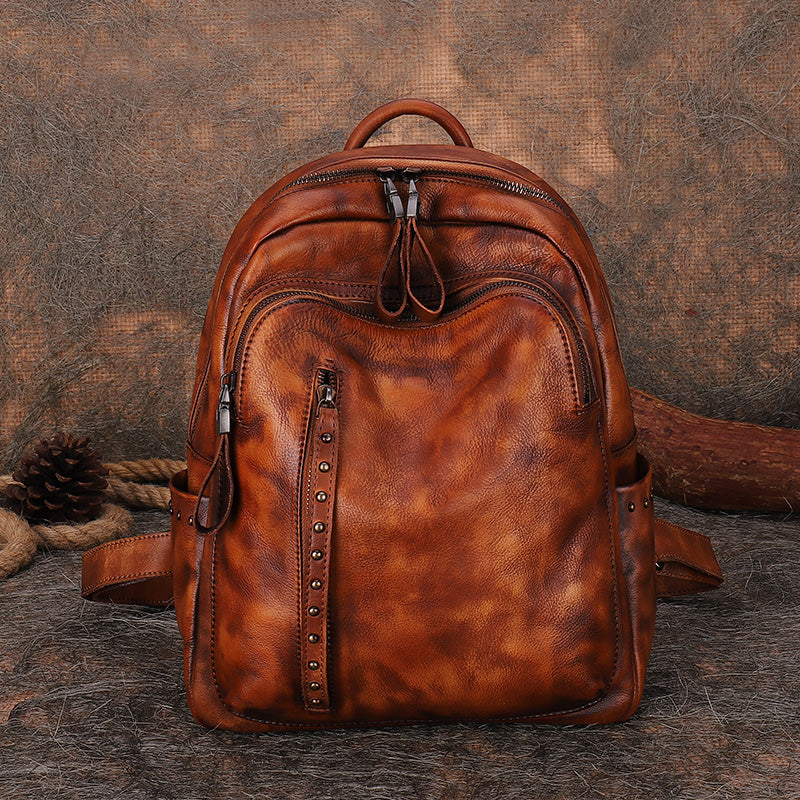 Best Black Gray Leather Rucksack Bag Womens Vintage School Backpack Wi – Feltify