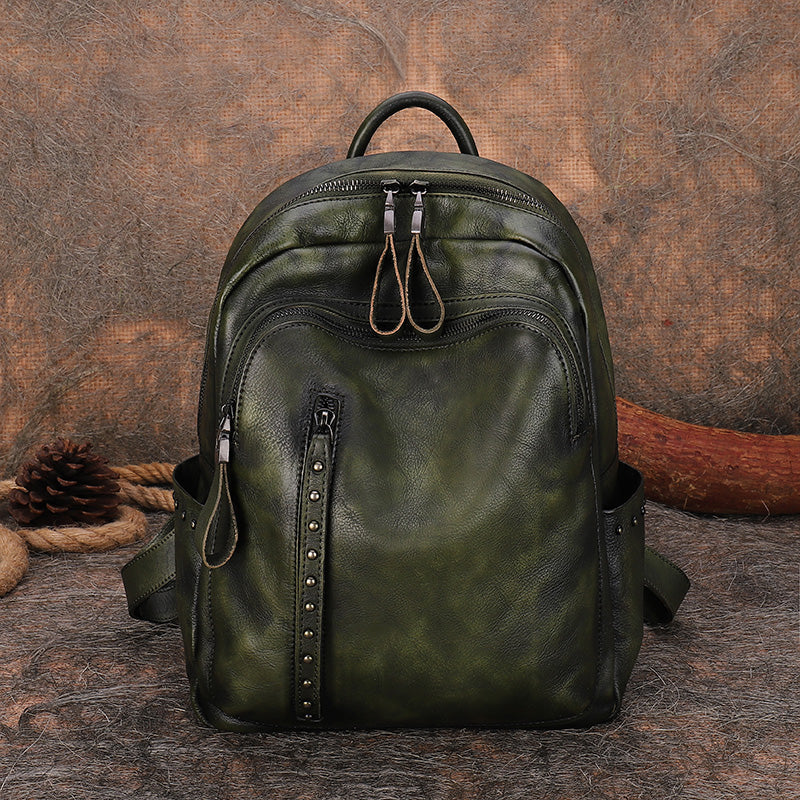 Best Green Leather Rucksack Bag Womens Vintage School Backpack With Rivet Leather Backpack Purse