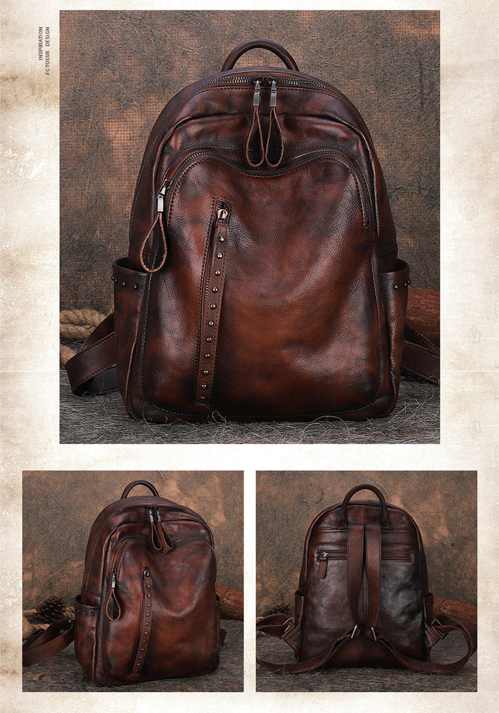 brown leather backpack purse cute yearsbag Best Brown Leather Rucksack Womens Vintage School Bag Backpack With Rivet  Leather Backpack Purse