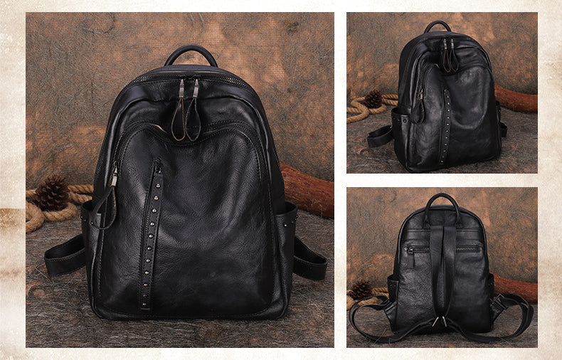 black rivet leather backpack Best Green Leather Rucksack Bag Womens Vintage School Backpack With Ri – Feltify