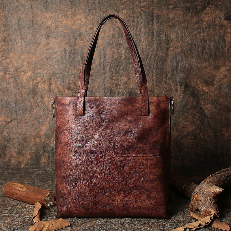 Best Coffee Leather Womens Vertical Tote Handbag Handmade Vintage Tote Shoulder Purse for Ladies