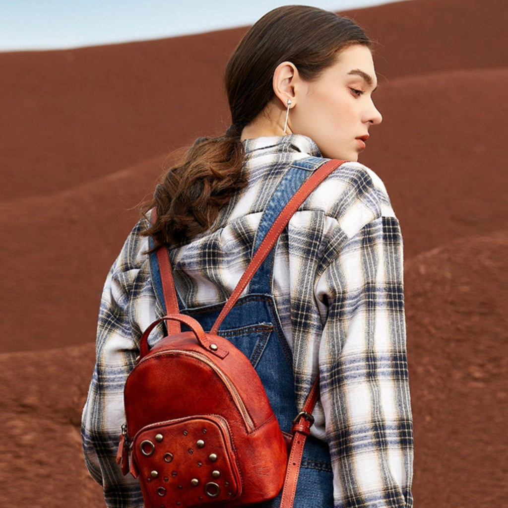 Best Vintage Rivet Red Leather Rucksack Bag Womens Small School Backpacks Leather Backpack Purse