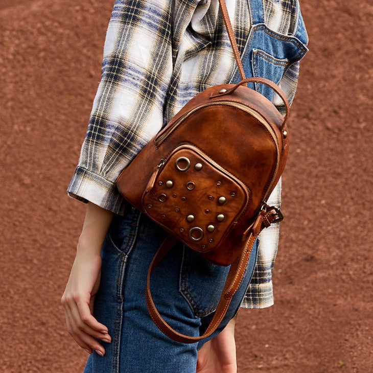 Best Vintage Rivet Brown Leather Rucksack Bag Womens Small School Backpacks Leather Backpack Purse