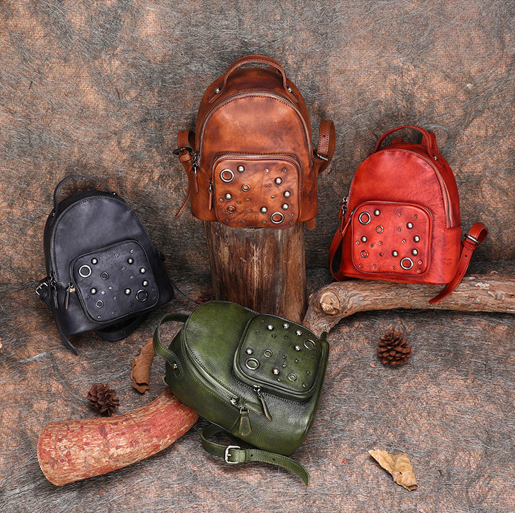 Best Vintage Rivet Leather Rucksack Bag Womens Small School Backpacks Leather Backpack Purse