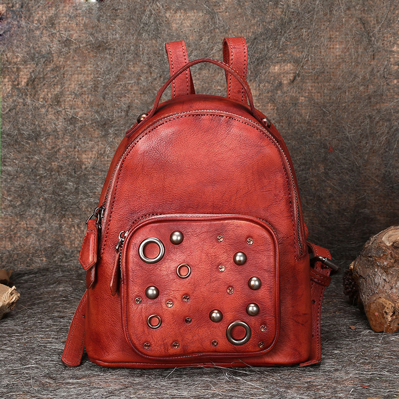 cheap red leather backpack purse Best Vintage Rivet Red Leather Rucksack Bag Womens Small School Backpa – Feltify