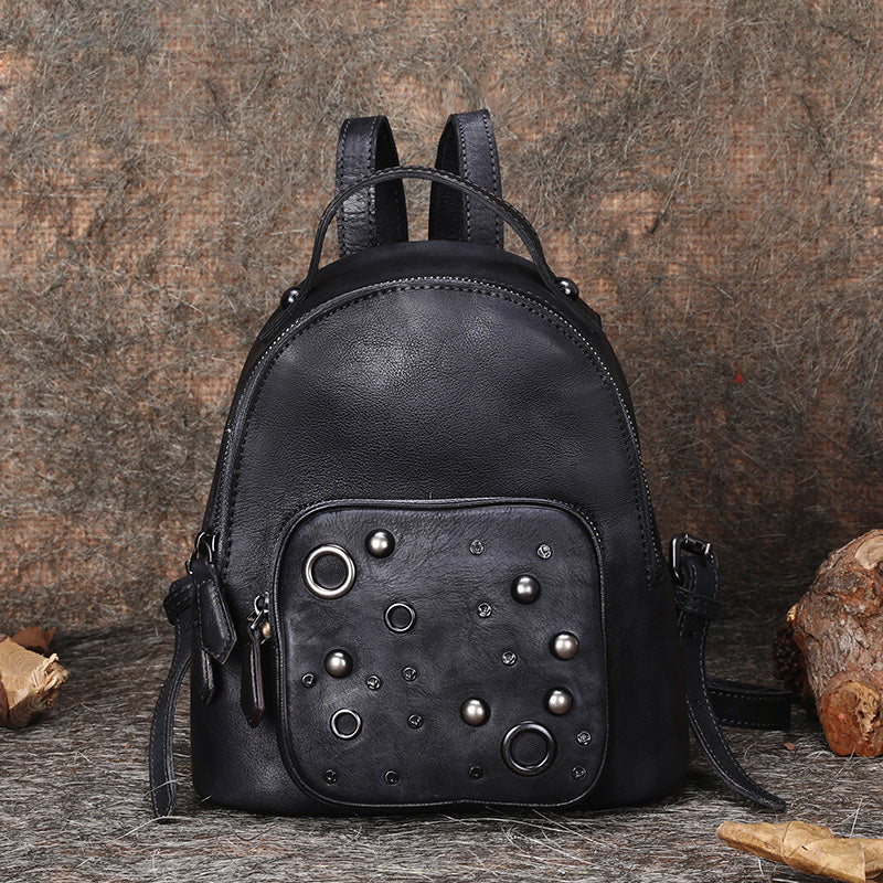 Best Vintage Rivet Black Gray Leather Rucksack Bag Womens Small School Backpacks Leather Backpack Purse
