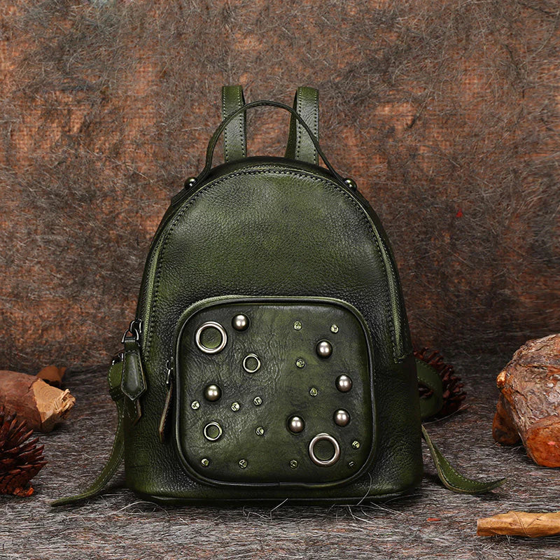 Best Vintage Rivet Green Leather Rucksack Bag Womens Small School Backpacks Leather Backpack Purse