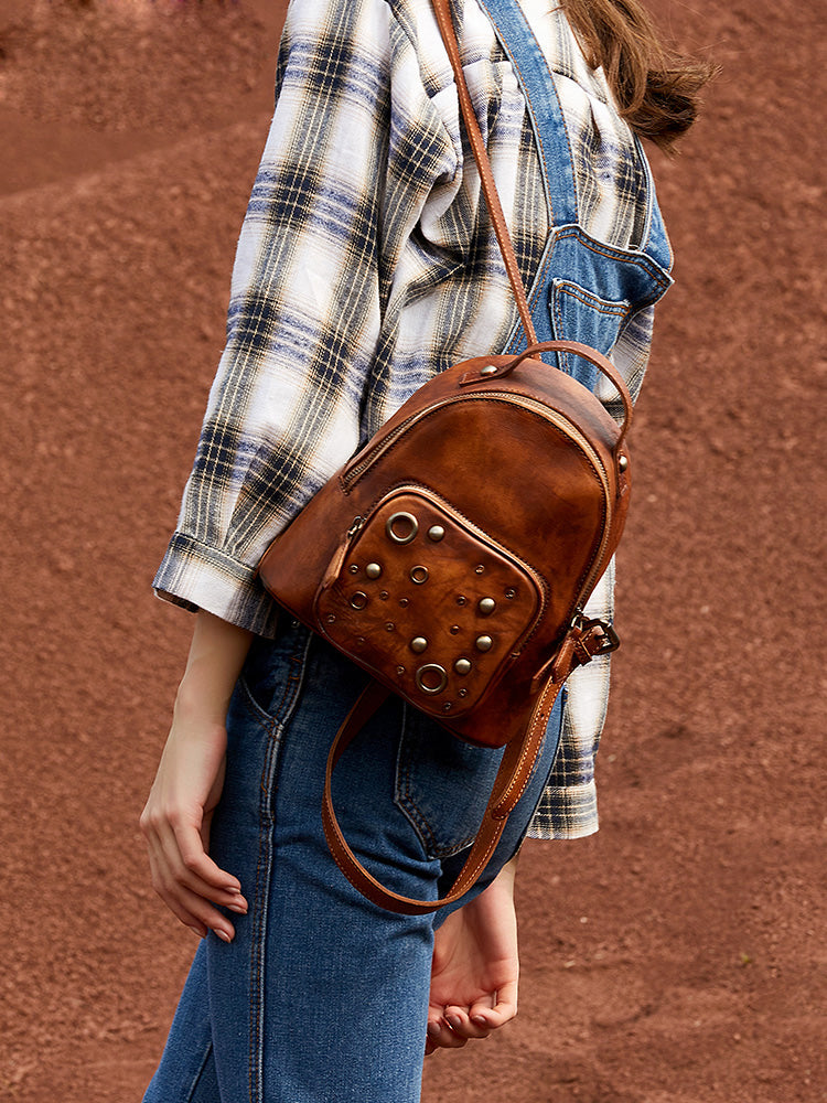 Best Vintage Rivet Brown Leather Rucksack Bag Womens Small School Back – Feltify