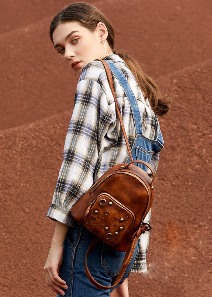 best leather backpacks for women Best Vintage Rivet Brown Leather Rucksack Bag Womens Small School Back – Feltify