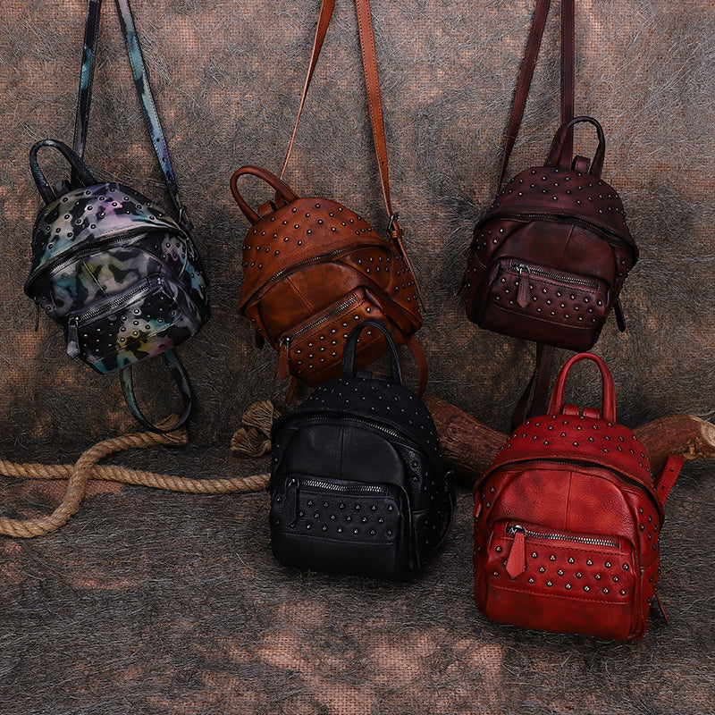 Best Vintage Rivets Leather Rucksack Bag Womens Small School Rucksack Leather Backpack Purse