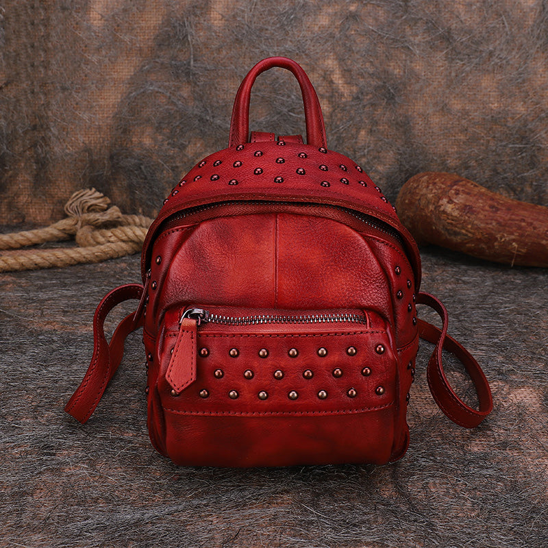 Best Vintage Rivets Red Leather Rucksack Bag Womens Small School Rucksack Leather Backpack Purse