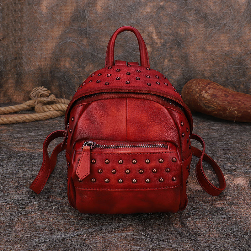 Best Vintage Rivets Red Leather Rucksack Bag Womens Small School Rucks Feltify