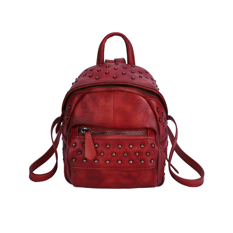 cheap red leather backpack purse Best Vintage Rivets Red Leather Rucksack Bag Womens Small School Rucksack  Leather Backpack Purse