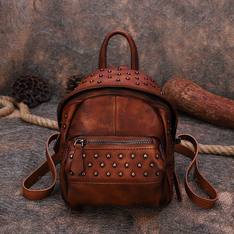 Best Vintage Rivets Brown Leather Rucksack Bag Womens Small School Rucksack Leather Backpack Purse