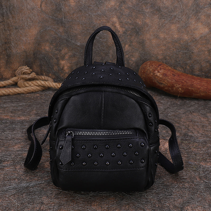 Best Vintage Rivets Brown Leather Rucksack Bag Womens Small School Ruc – Feltify