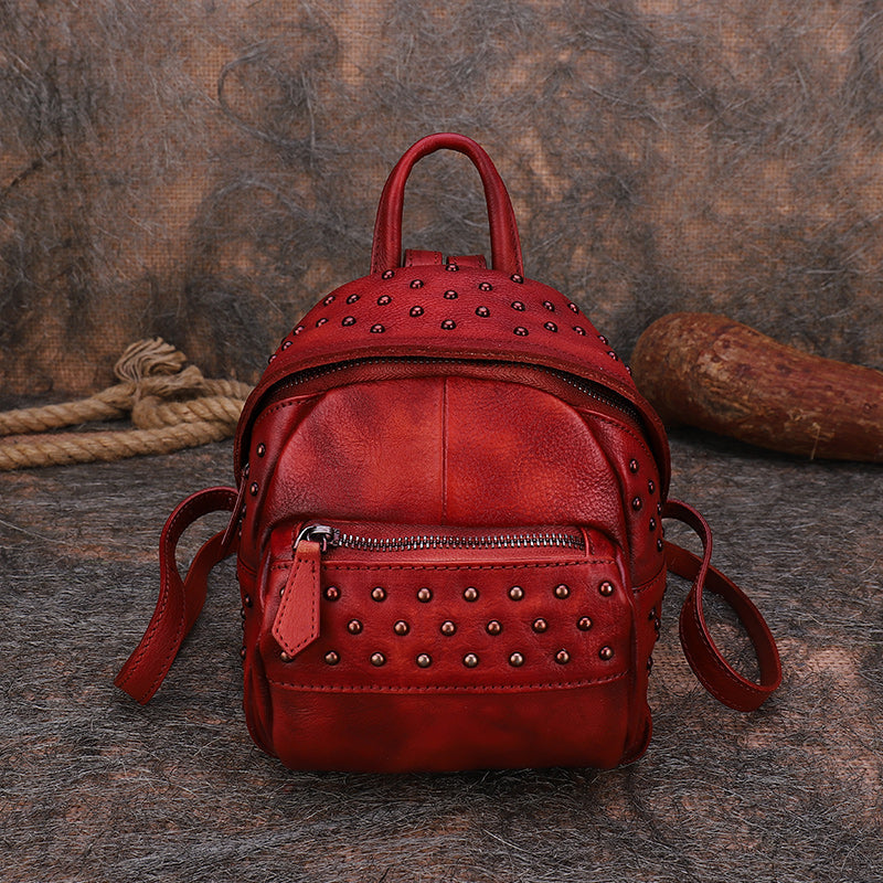 Best Vintage Rivets Red Leather Rucksack Bag Womens Small School Rucksack Leather Backpack Purse