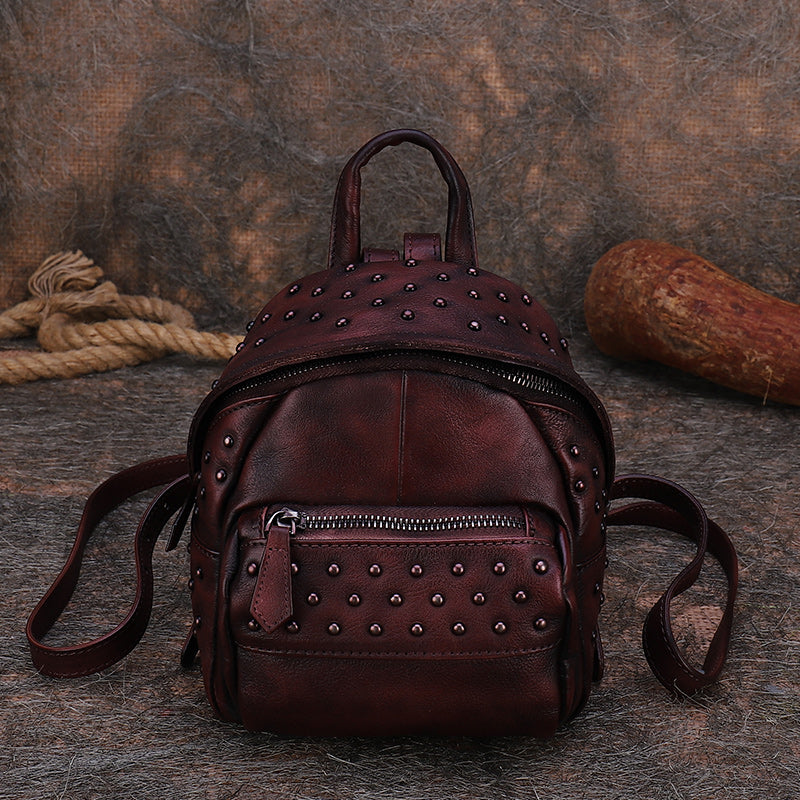 Best Vintage Rivets Coffee Leather Rucksack Bag Womens Small School Rucksack Leather Backpack Purse
