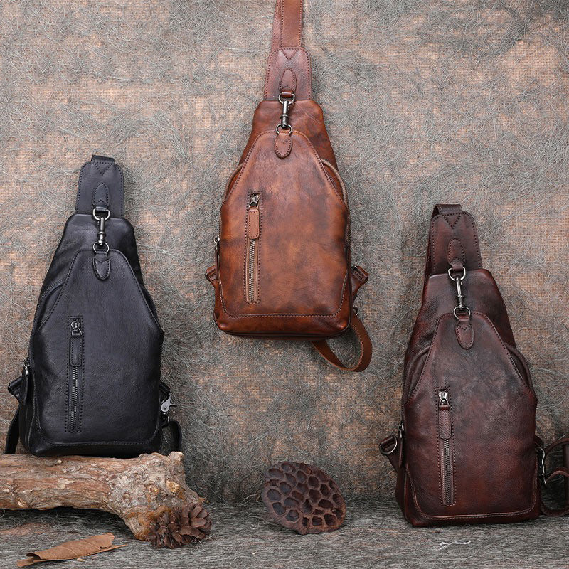 Cool Mens Sling Bag Vintage Leather Chest Bag Crossbody Pack for Men