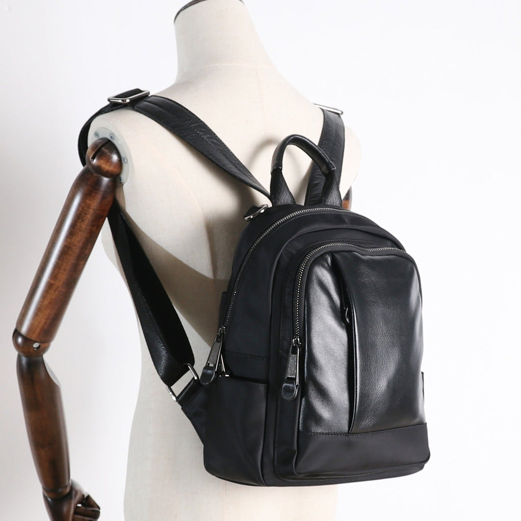designer black leather small backpacks Black Nylon Leather Satchel Backpack Womens Small School Backpacks Bag – Feltify