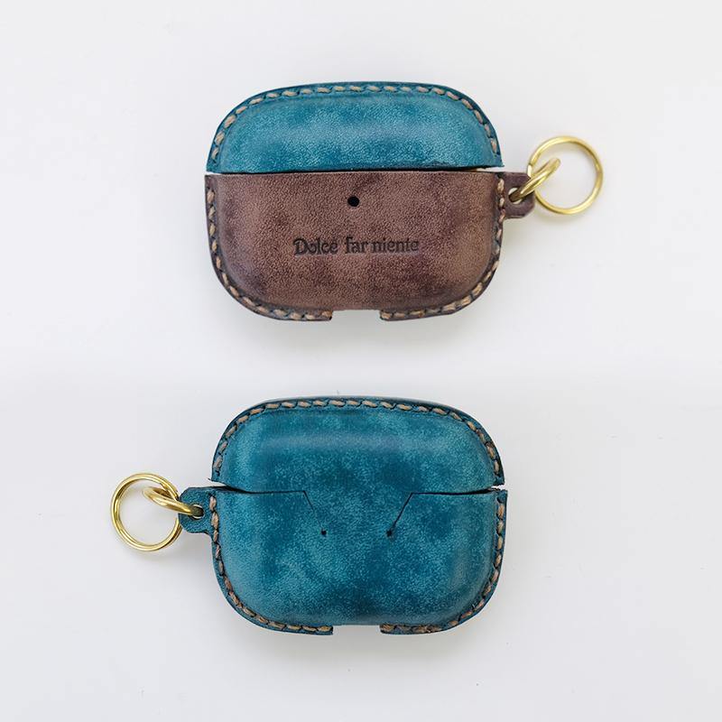 Blue Leather AirPods Pro Case with Wristlet Strap Contrast Color Leather AirPods Case Airpod Case Cover - iwalletsmen