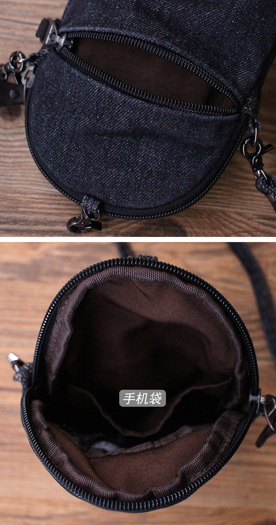Black Unique Denim Cap Mini Shoulder Bags Belt Pouch Denim