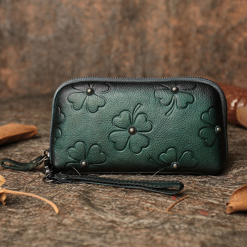 Handmade Green Womens Clover Leather Long Wallet Zipper Clutch Wristlet  Wallet for Women