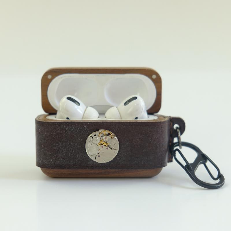 Coffee Wood Leather AirPods Pro Case with Clip Leather 1,2 AirPods Case Airpod Case Cover - iwalletsmen