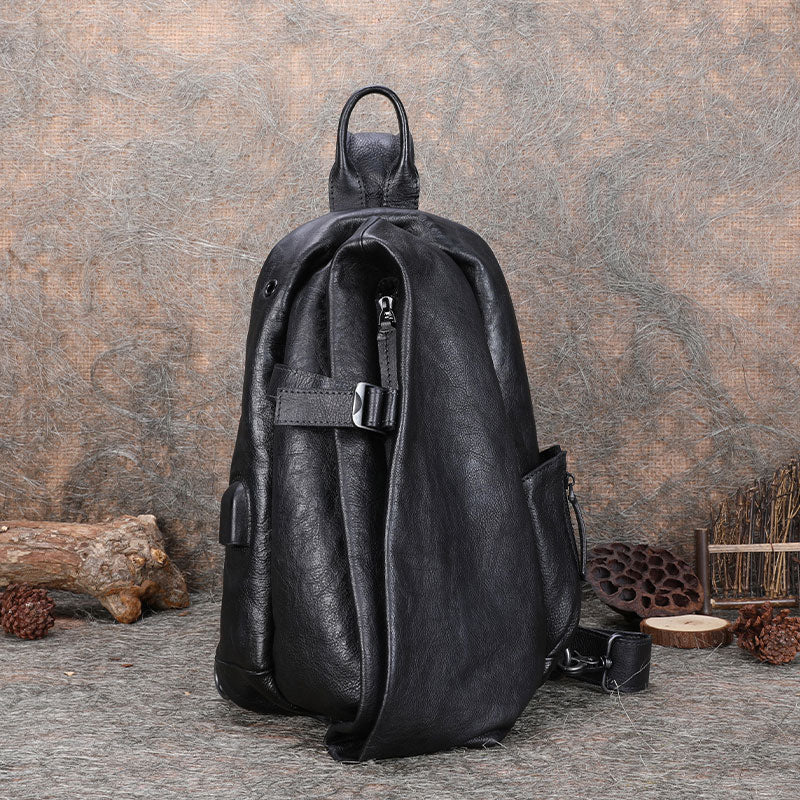 Cool Men's Leather Sling Bag Sling Pack Black Gray Leather Sling Backp – Feltify