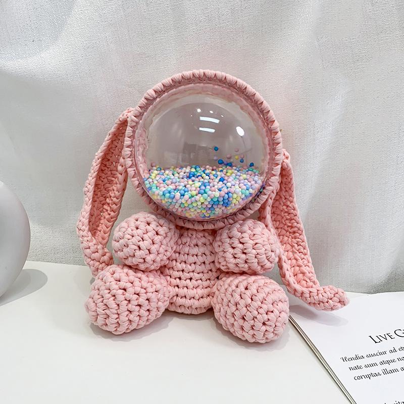 Cute Pink Crochet Bunny Backpack Rabbit Crochet Shoulder Bag for Girl Bunny Crochet Crossbody Purse