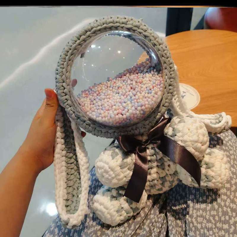 Cute Gray&White Crochet Bunny Backpack Rabbit Crochet Shoulder Bag for Girl Bunny Crochet Crossbody Purse
