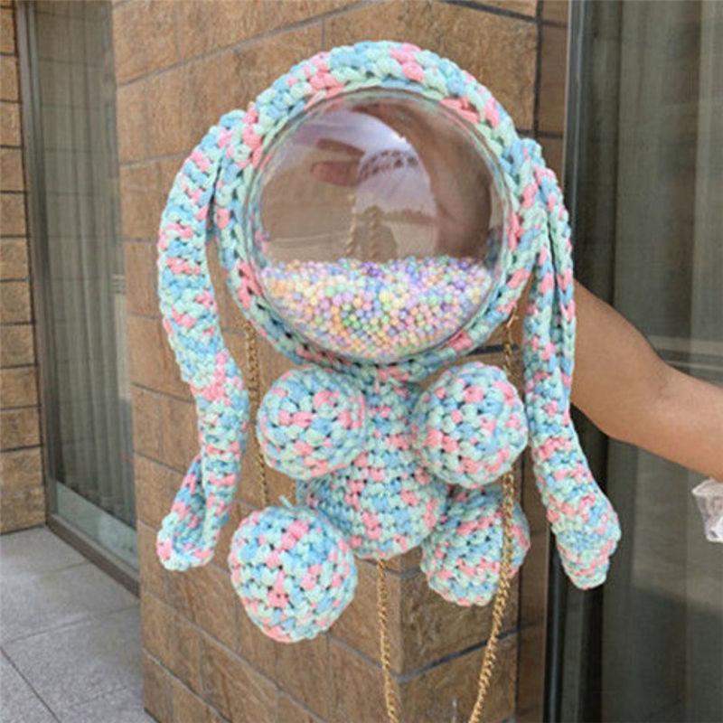 Cute Light Blue&White&Pink&Orange Crochet Bunny Backpack Rabbit Crochet Shoulder Bag for Girl Bunny Crochet Crossbody Purse