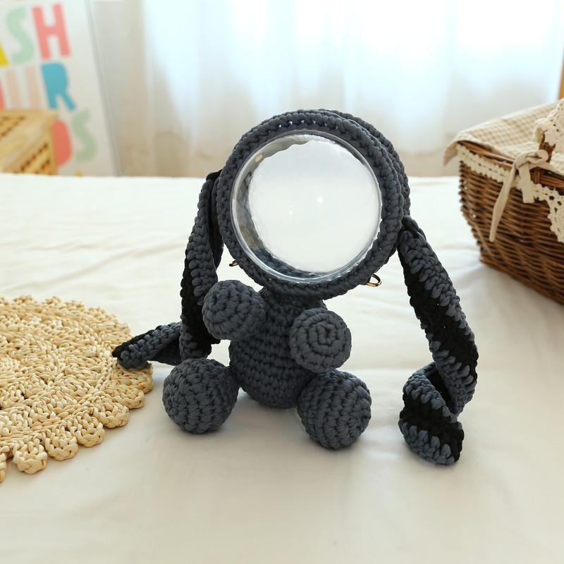 Cute Gray&Black Crochet Bunny Backpack Rabbit Crochet Shoulder Bag for Girl Bunny Crochet Crossbody Purse