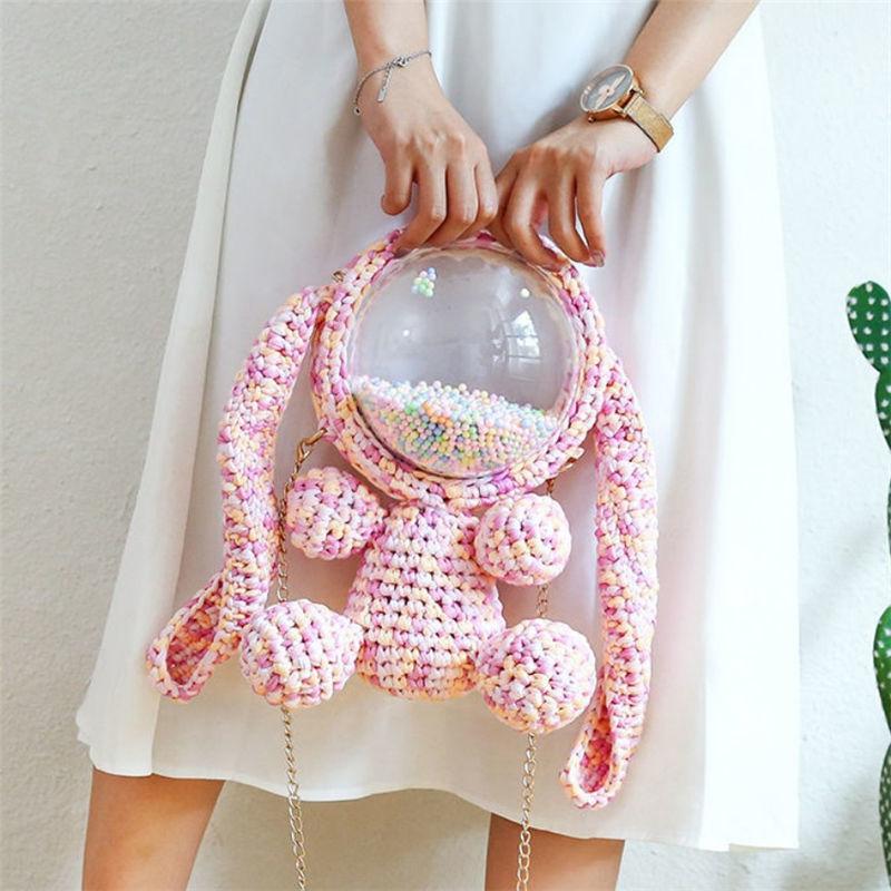 Cute Pink&Purple&Yellow Crochet Bunny Backpack Rabbit Crochet Shoulder Bag for Girl Bunny Crochet Crossbody Purse