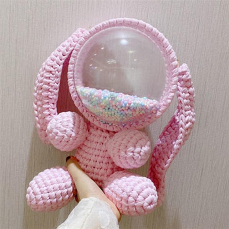 Cute Light Pink Crochet Bunny Backpack Rabbit Crochet Shoulder Bag for Girl Bunny Crochet Crossbody Purse