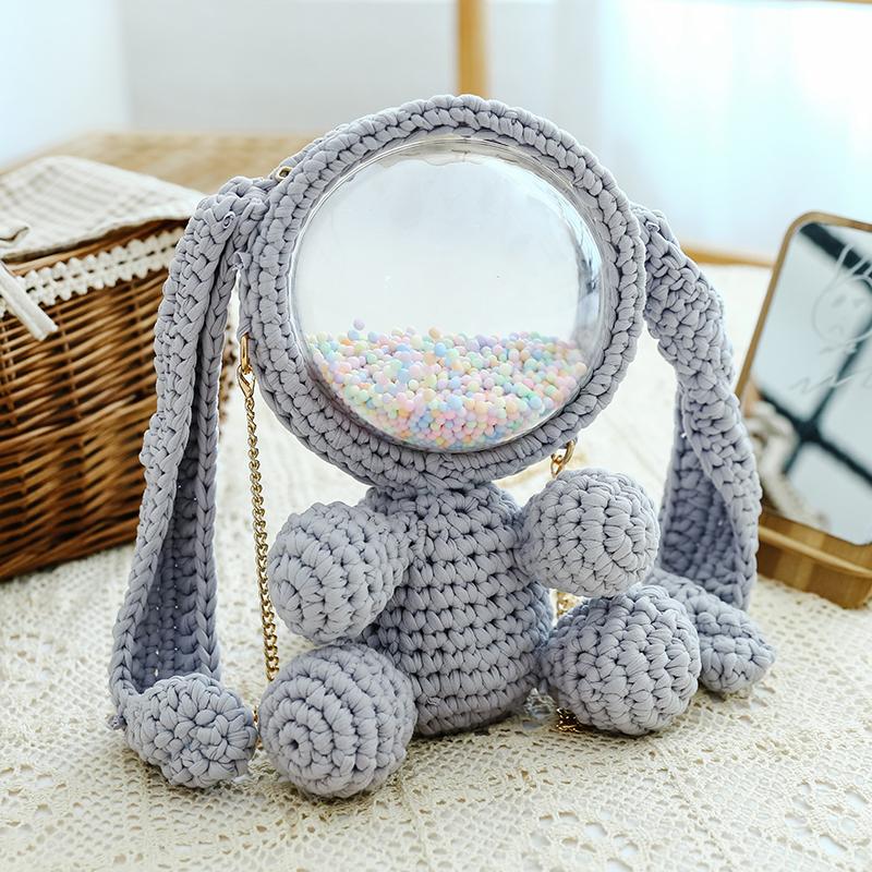 Cute Light Gray Crochet Bunny Backpack Rabbit Crochet Shoulder Bag for Girl Bunny Crochet Crossbody Purse