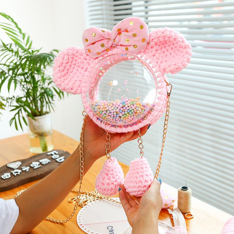 Cute Pink Crochet Mouse Backpack Mouse Pink Crochet Shoulder Bag for Girl Mouse Crochet Crossbody Purse