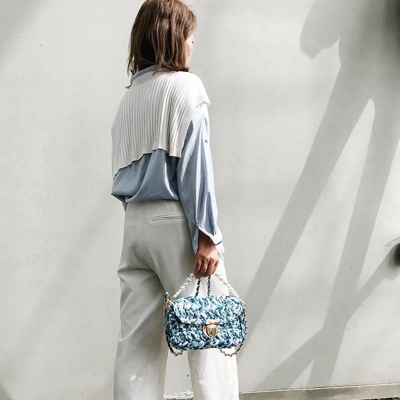 Cute Blue&White Crochet Small Handbag Crossbody Purse Crochet Shoulder Bag for Girl Cute Crochet Purses