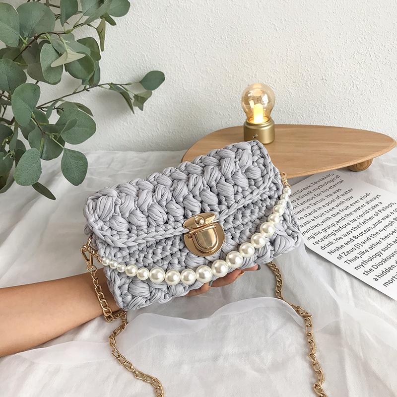 Cute Light Gray Crochet Small Handbag Crossbody Purse Crochet Shoulder Bag for Girl Cute Crochet Purses
