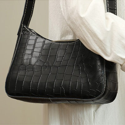 Longchamp Crocodile Print Leather Bag in Black