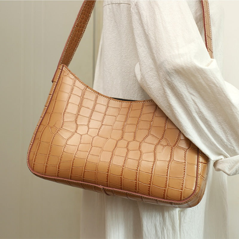 Cute LEATHER Side Bag Camel WOMEN SHOULDER BAG Crocodile Handbag Purse FOR WOMEN