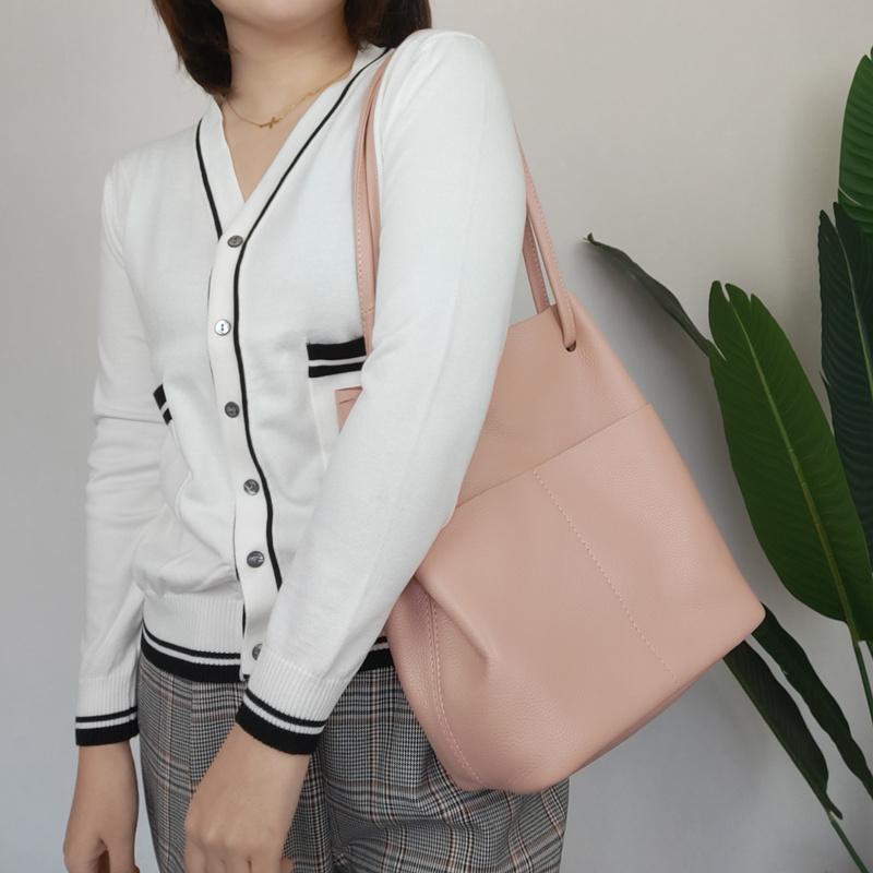 Fashion Womens Pink Leather Tote Bag Vertical Silver Shoulder Tote Bag Bucket Tote For Women