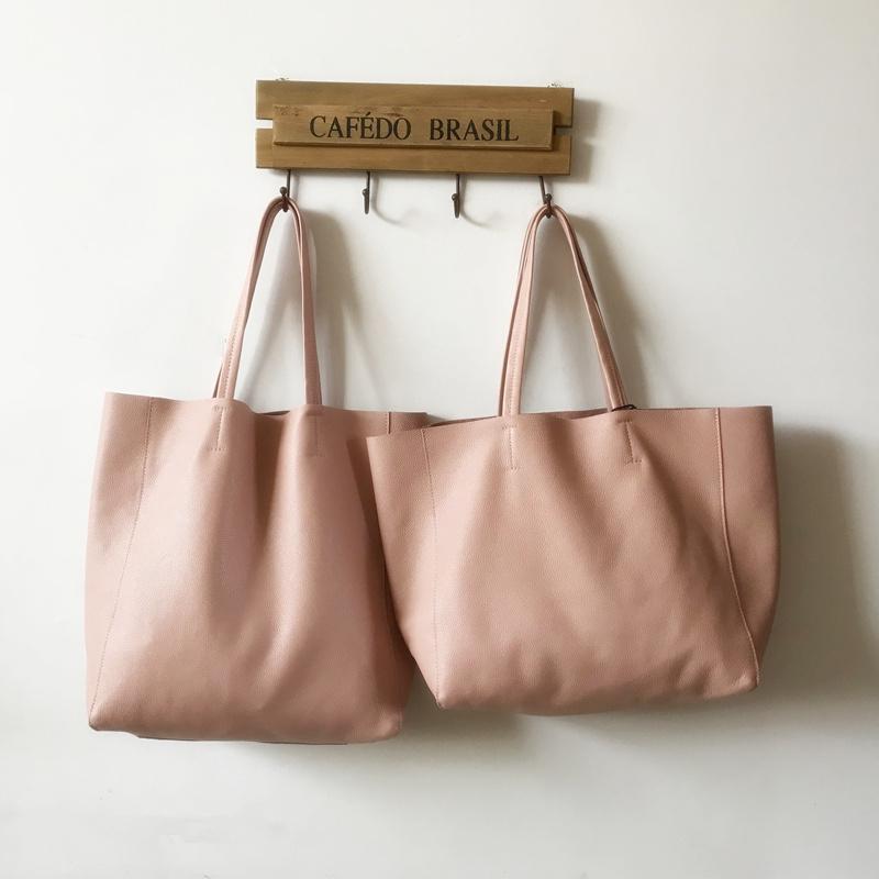 Fashion Womens Light Pink Leather Oversize Tote Bag Pink