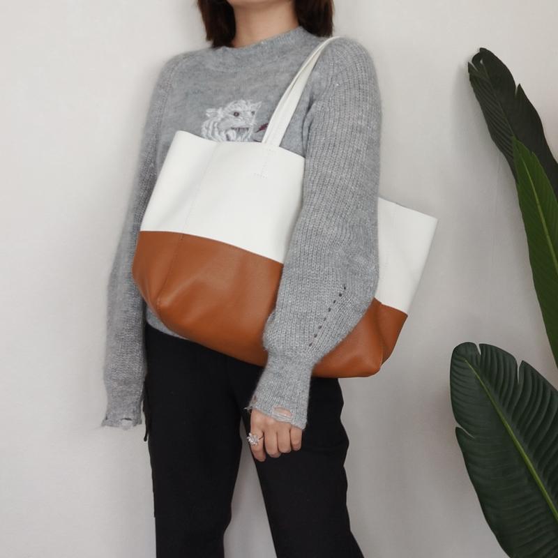 Fashion Womens White Brown Leather Oversize Tote Bag White Brown Shoulder Tote Bag Handbag Tote For Women